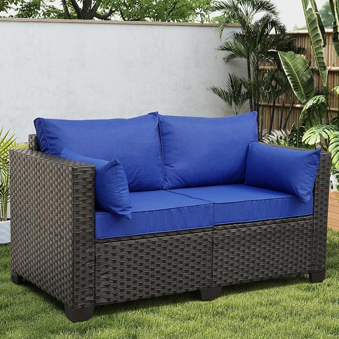 Rattaner Patio PE Wicker Sofa Outdoor Garden Love Seat Chair Couch Furniture Black Rattan with Blue Cushion
