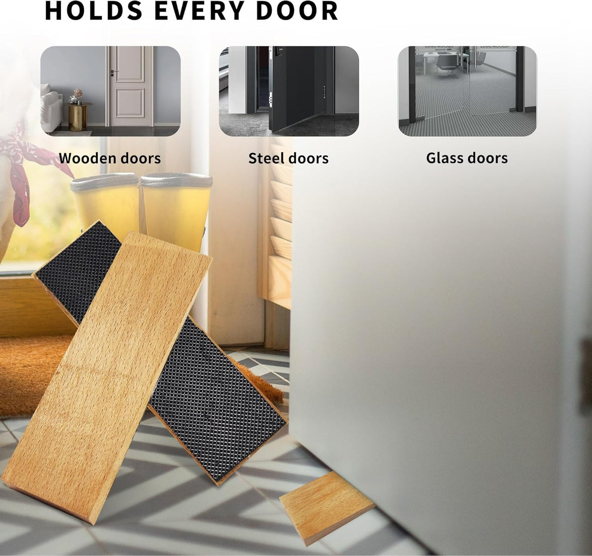 2 Pack Wooden Door Stop - Non-Slip Door Stoppers for Floor - Door Wedges for All Door Types and Surfaces - Each Door Stopper 1.4inch Thick, 4.3inch Long with Rubber