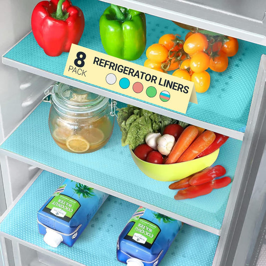 Refrigerator Liners for Shelves (8 Pack) by Linda’s Essentials - Non-Adhesive Shelf or Drawer Liner, BPA-Free Fridge Mats for Kitchen & Cabinets, Easy to Clean, Ideal Household Essentials (Blue)