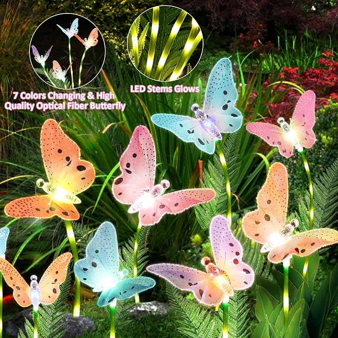 Solar Garden Lights 4 Pack Waterproof Decorative Solar Lights Outdoor with Glowing Stems,7-Color Changing ‎Fiber Optic Butterfly Light for Outside Yard Lawn Garden Decor, Gifts for Women