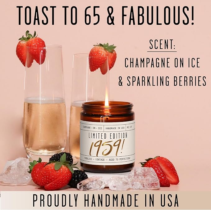 65th Birthday Gifts for Women - 'Limited Edition 1960' Soy Candle, w/Champagne on Ice I 65 Birthday Gifts for Women I 65th Gift for Her Ideas I 9oz Reusable Jar, 50Hr Burn, Made in USA