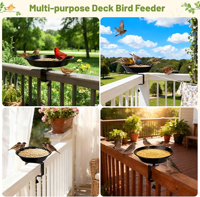 Balcony Bird Feeder for Deck Railing, BOLITE Deck Mounted with Seed Tray for Outdoors, Adjustable Heavy Duty Sturdy Steel, Garden Decoration, Black, Gifts for Men Women