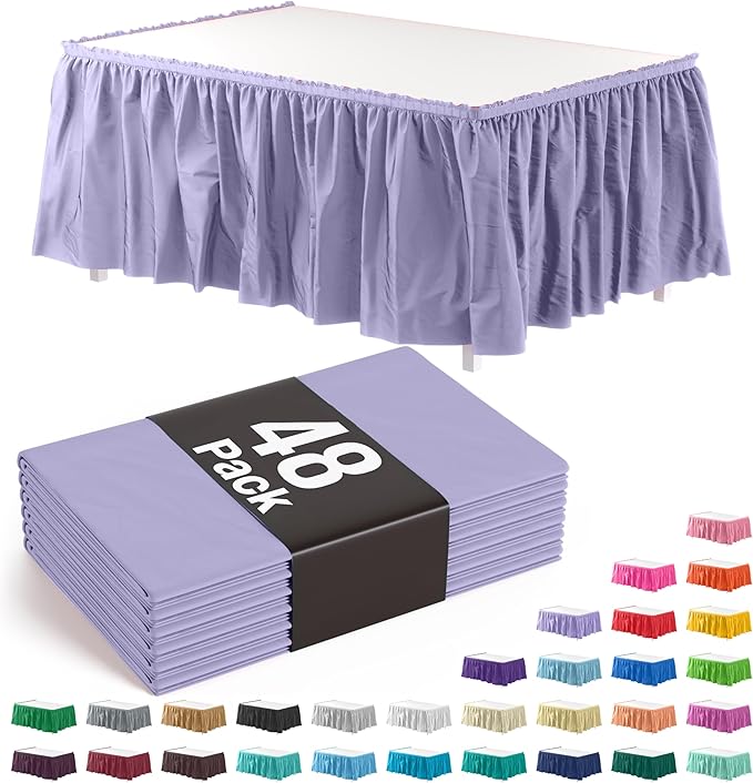 Exquisite Ruffle Table Skirt Lavender 48 Pack 14 Ft Long Table Skirts for Rectangle Tables 6ft Plus or Round Tables Skirts with Adhesive Strip for Gender Reveal Decor & Happy Birthday Parties