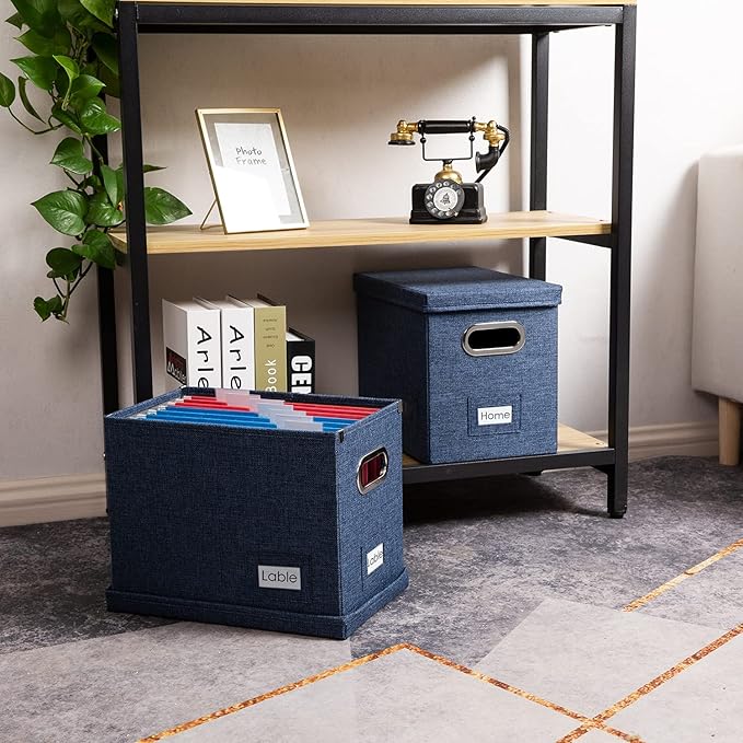 PRANDOM File Organizer Box - Set of 2 Collapsible Decorative Linen Filing Storage Hanging File Folders with Lids Office Cabinet Letter Size Navy Blue (14x9.3x10.8 inch)