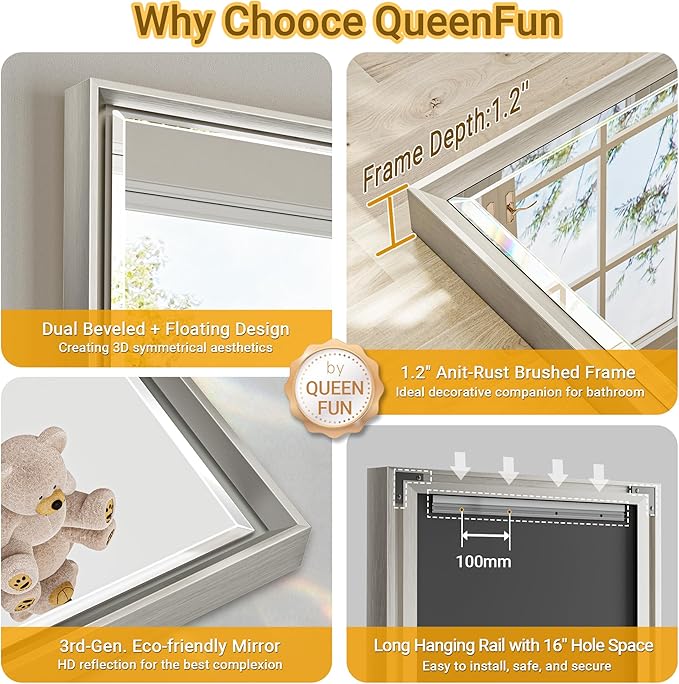 Brushed Nickel Bathroom Mirror, 24x32 Inch Beveled Framed Bathroom Mirror