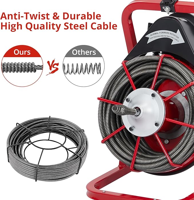 Garvee K-300K 1/2 in 75 ft 1 Red & Black Electric Drain Cleaner Machine - Automatic Auger for 1 to 4 in Pipes, Portable Design, 4 Cutters, Foot Switch Control, and Includes Gloves.