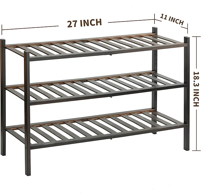 Shoe Rack, 3-Tier Bamboo Stackable Shoe Shelf Storage Organizer, Shoe Stand for Closet, Entryway and Hallway