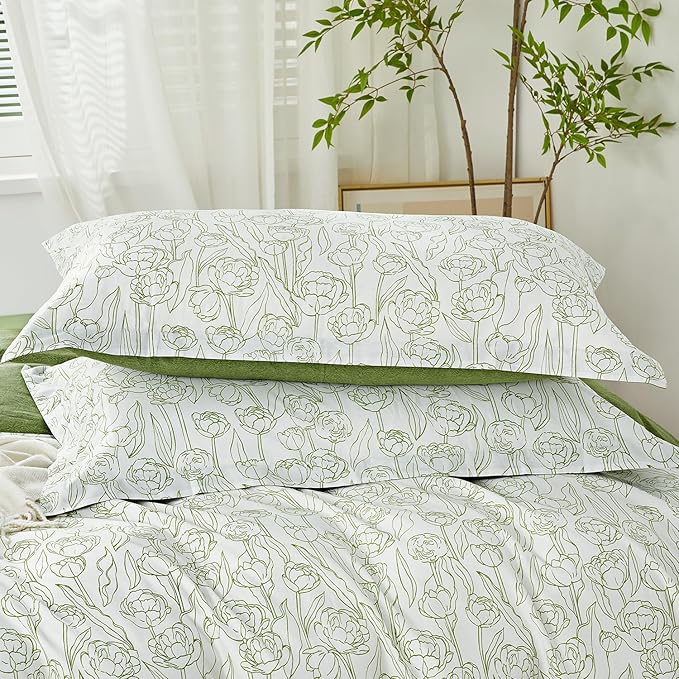 SAPHREAS Green Drawing Floral Duvet Cover Set King Size 3pcs Botanical Blossom White Bedding Comforter Cover Set 100% Cotton 1 Duvet Cover 104"x90" 2 Pillow Shams, Comforter Not Included