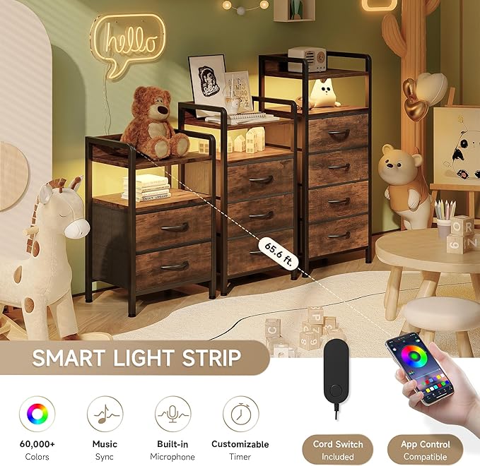 Night Stand Bedside Table Bedroom - Nightstand with Charging Station, Night Stand with LED Light Strip, End Table with U-S-B Ports & AC Outlets, Storage Shelf & 2 Fabric Drawers, Rustic Brown