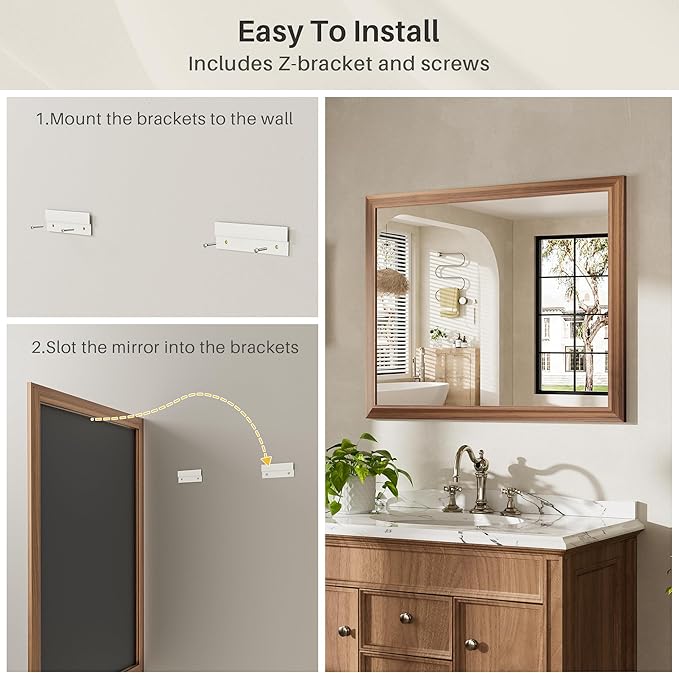 60x40 Inch Bathroom Mirror for Wall, Anti-Rust Walnut Wood Grain Metal Framed