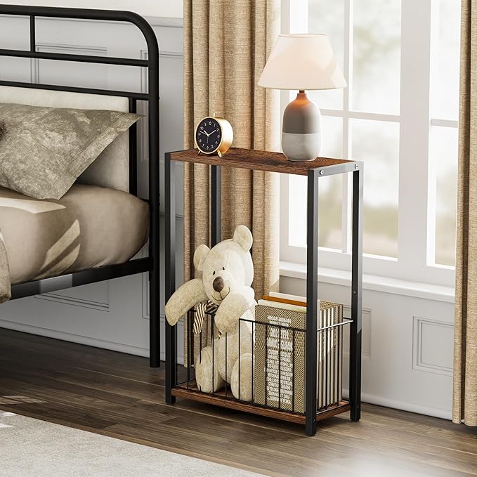 Narrow Side Table with Magazine Holder, Skinny End Table Perfect for Small Spaces, Space-Saving Design for Living Room, Bedroom, or Office, 7.1" D x 16.9" W x 23.6" H, Rustic Brown