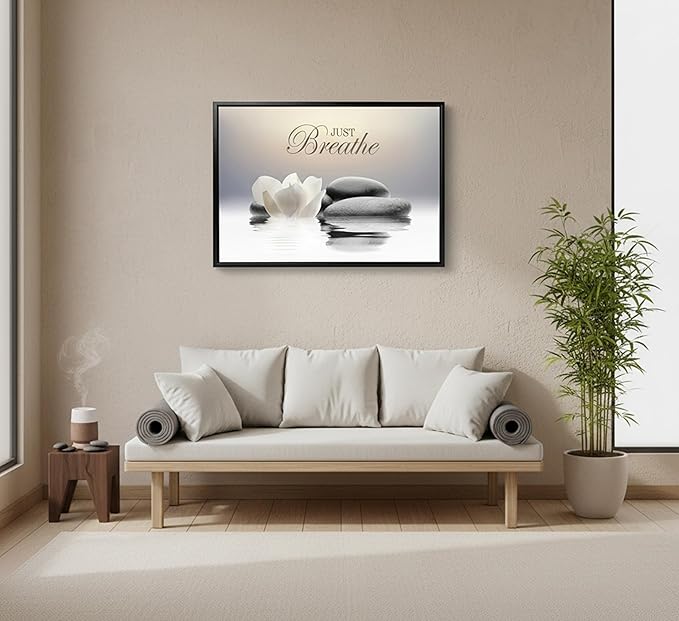 Floating Framed Zen Wall Art, Just Breathe Stone Poster Picture