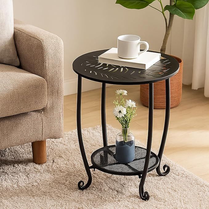 2-Tier Metal Round Side Table Set of Two Black Accent Coffee Tables Small Space Corner Plant Stand Shelf for Indoor Outdoor Porch Patio Balcony Living Room End Table with Storage Weather-Resistant