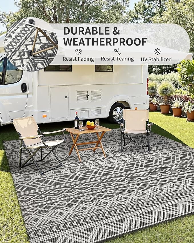 MontVoo Outdoor Rug Carpet Waterproof 10x14 Outdoor Patio Rug Mat Reverisble Plastic Straw Outdoor Rugs for RV Camping Picnic Beach Balcony Boho Grey Large