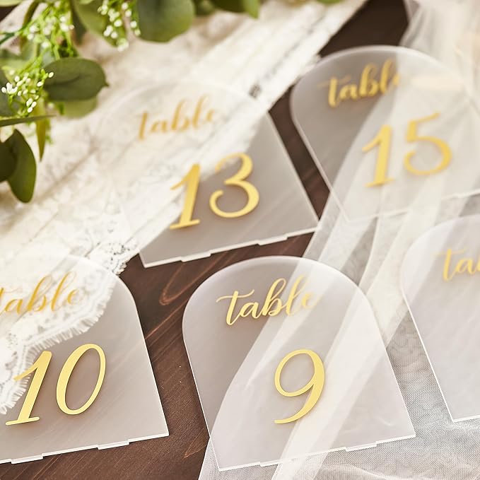 SHINVALE Arch Acrylic Wedding Table Numbers with Gold Foil Font – Frosted Finish, Elegant Modern Design with Stands, Easy Assembly Table Signs for Weddings, Parties & Events (20, 5" x 7")