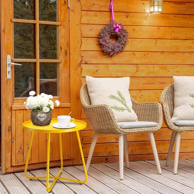 danpinera Outdoor Side Tables, Weather Resistant Steel Patio Side Table, Small Round Outdoor End Table Metal Side Table for Patio Yard Balcony Garden Bedside Yellow