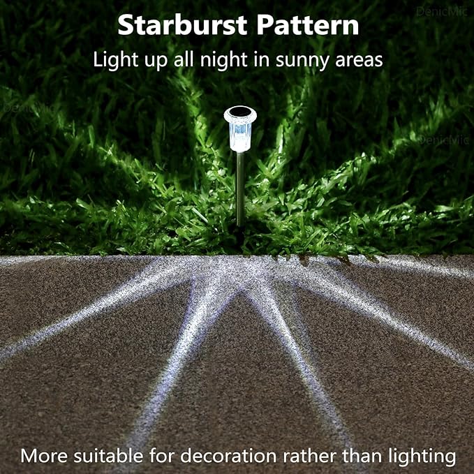 DenicMic Solar Lights Outdoor 15 Pack Waterproof 6000K Cold White LED Stainless Steel Stake for Pathway Yard Garden Driveway Solar Powered Outside Decor