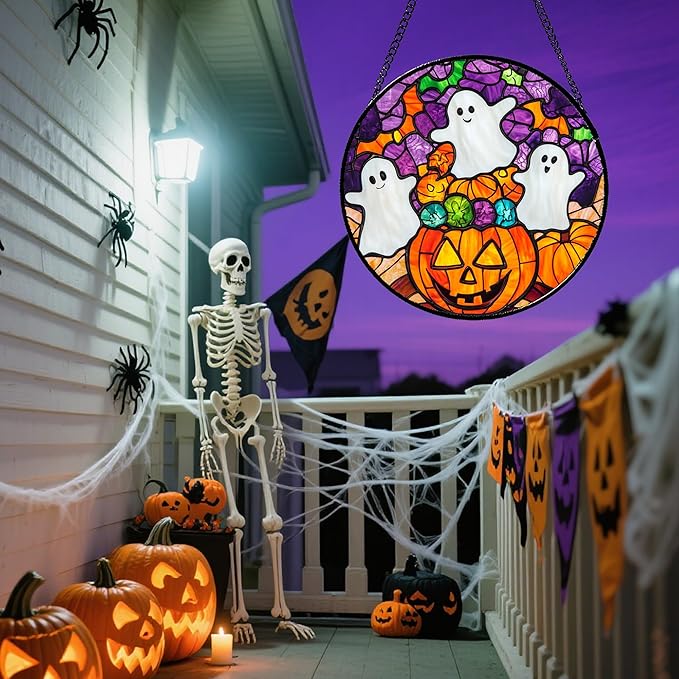 Stained Glass Window Hanging Halloween Horror Pumpkin White Ghost 7.8" - Suncatcher Door Garden Sunroom Gothic Style Sun Catcher Birthday for Friend Mom Men Woman Nana