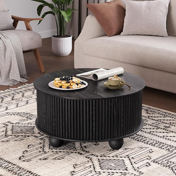 Black Round Coffee Table with Storage, 31.5" Fluted Drum Center Table with Sliding Door, Modern Farmhouse Wood Circle Table with Bun Feet for Living Room