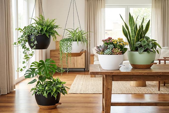 Hanging Planters, 3-Pack 10 Inch Self-Watering Pots with Drainage Holes and Chains, Matte Plastic Planters for Indoor/Outdoor Plant（White Brown）