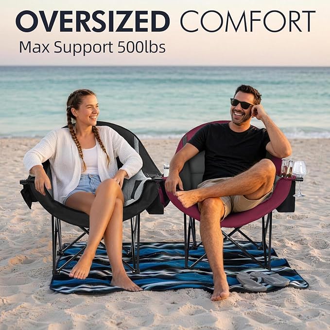 Oversized Camping Chair for Adults - Heavy Duty Padded Outdoor Folding Lawn XL Camp Chair with Cup Holder Cooler Pockets for Sports Beach Fishing Garden Portable Supports 500lbs, Red/Grey