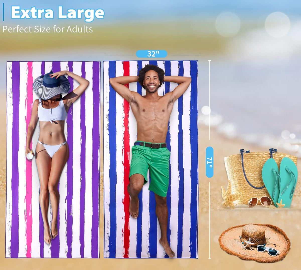 Skiennix Microfiber Beach Towel - Oversized, Lightweight & Sand-Free | 71"x32" XL for Travel, Yoga & Camping