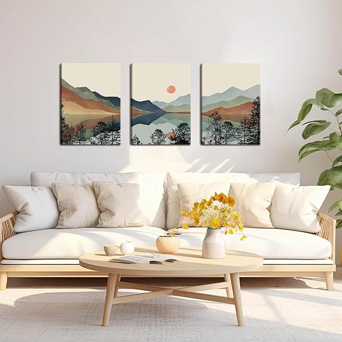 AKWISH Framed Mountain Canvas Wall Art Set of 3, Boho Watercolor Poster Prints