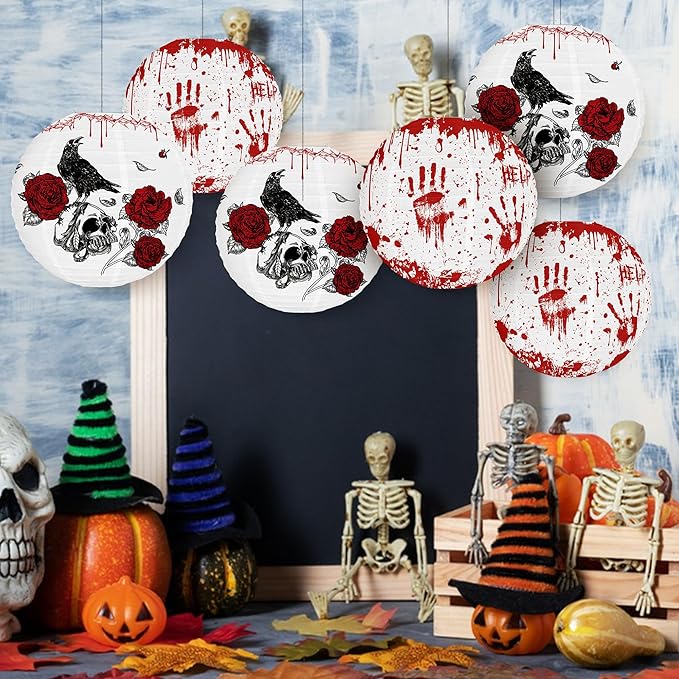 6PCS Hanging Halloween Party Decorations with Lantern, Crow, Skull, Blood Print Pattern, Indoor and Outdoor Horror Home Decoration -12 inches