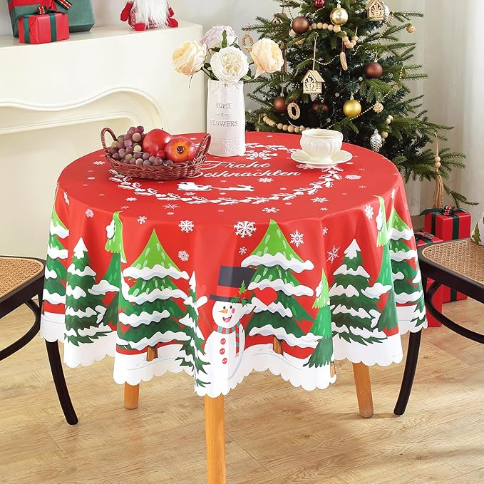 Eikione Christmas Tablecloth Round 60Inch, Christmas Tree+Santa Claus Table Cloth, Wipeable Table Cover for Picnic Party