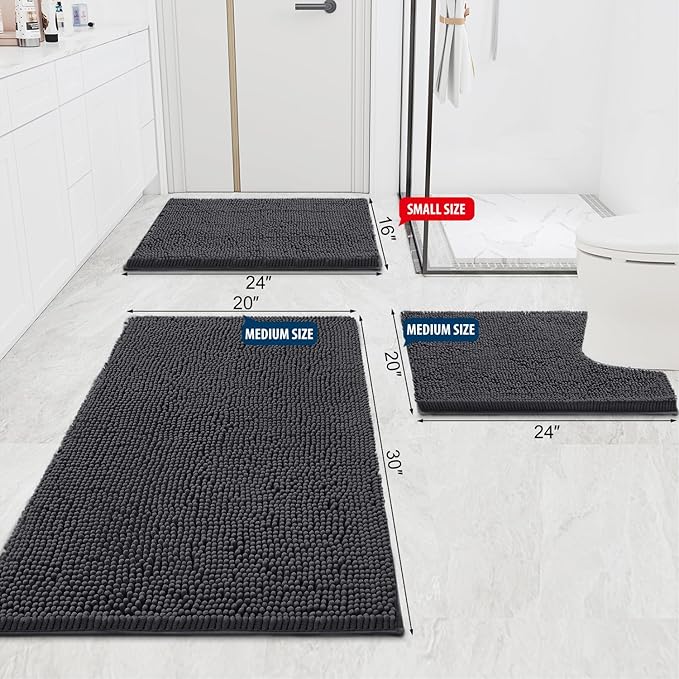 Smiry Luxury Chenille Bathroom Rugs 47x17, Extra Soft and Absorbent Shaggy Bath Mat, Machine Washable, Non-Slip Plush Carpet Runner for Tub, Shower, and Floor, Home Decor Accessories, Charcoal Grey