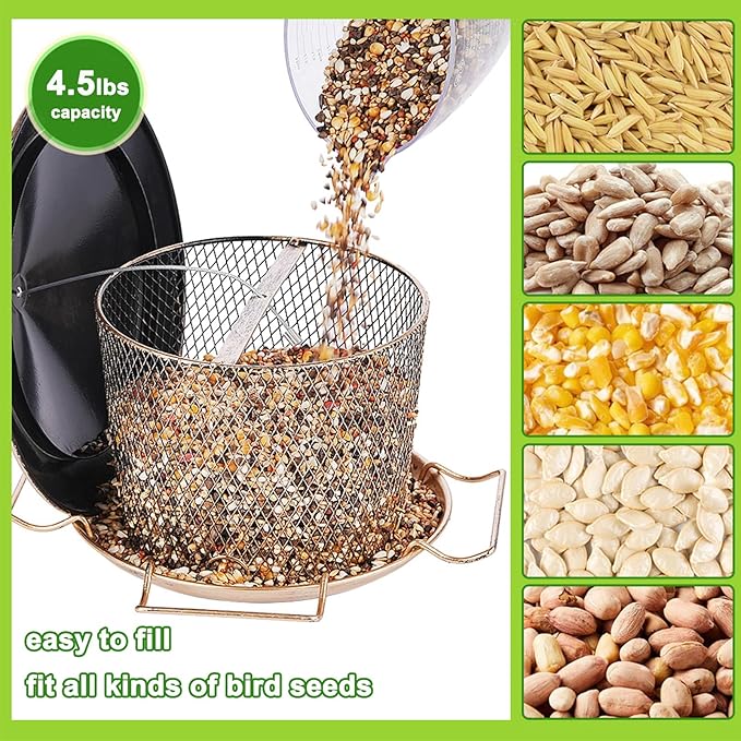 Bird Feeder for Outdoor, Weatherproof Rainproof All Metal Hanging Wild Bird Feeder with 9.8" Roof, 4.5 LBs Seeds Capacity, Easy to Clean & Refill