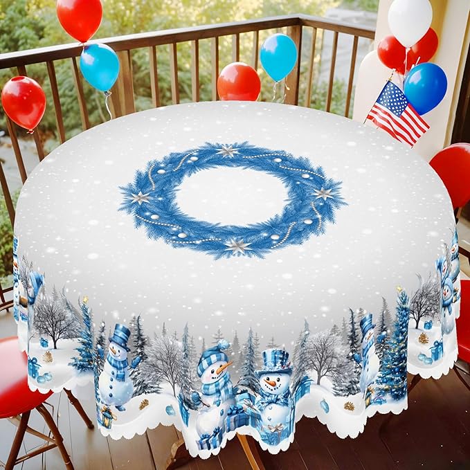 Eikione Round Tablecloth 60inch, Christmas Tablecloth Waterproof and Wrinkle-Free, Table Covers, Winter Decorations for Home Dining Blue