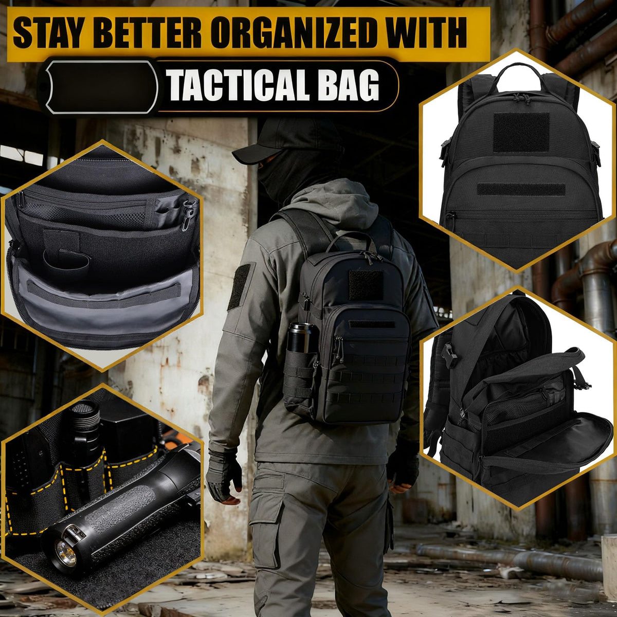Miramrax Tactical Backpack for Men Military Backpacks with Holster Army 3 Days Assault Pack Bug Out Bag for Hiking Camping (Black)