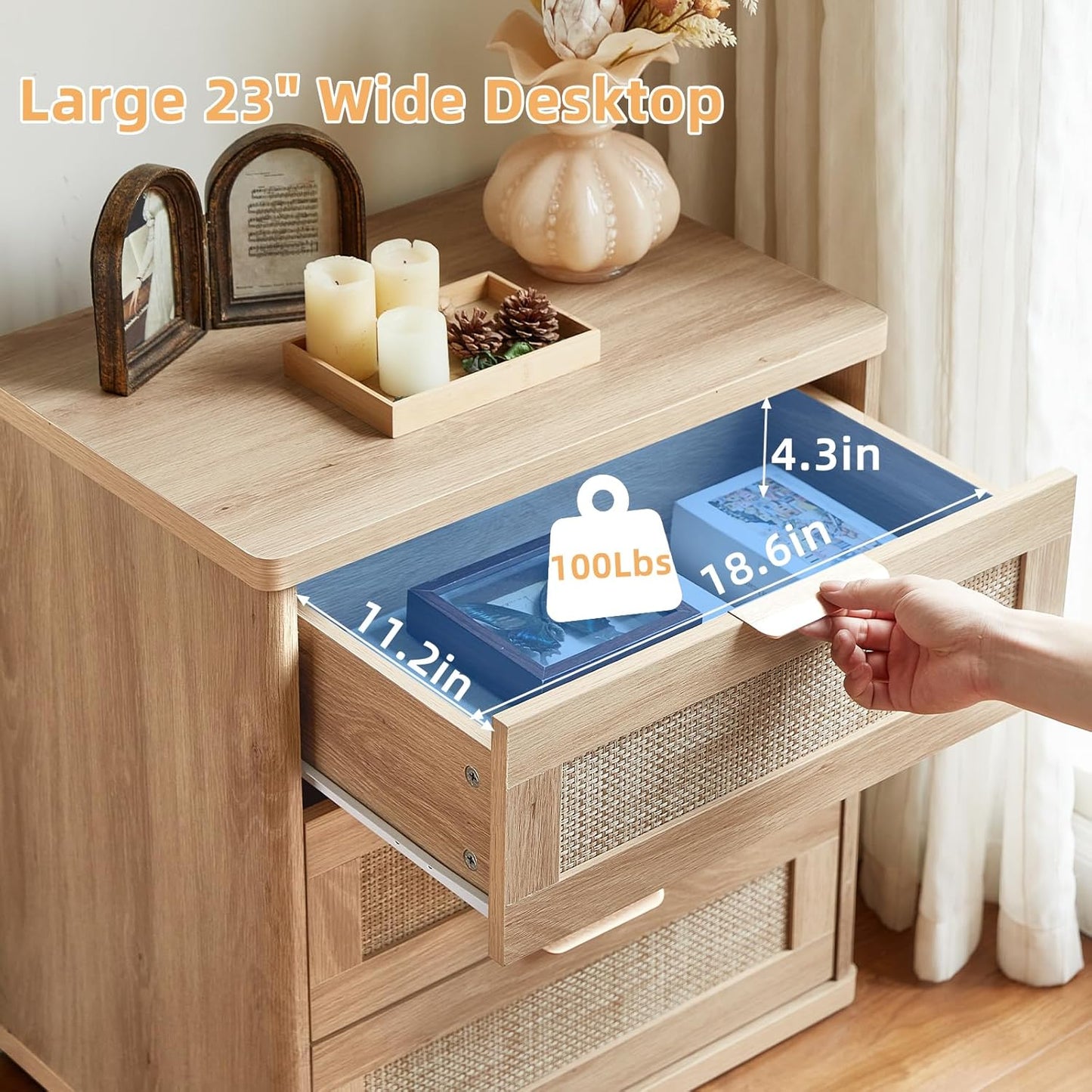 LEYAOYAO Rattan Night Stand Set of 2 with Drawers, 23" Large 3 Drawer Boho Nightstand, Natural Wood Bedside Table Storage Cabinet, Bed Side End Tables Dresser for Bedroom, Living Room, Hallway, Closet