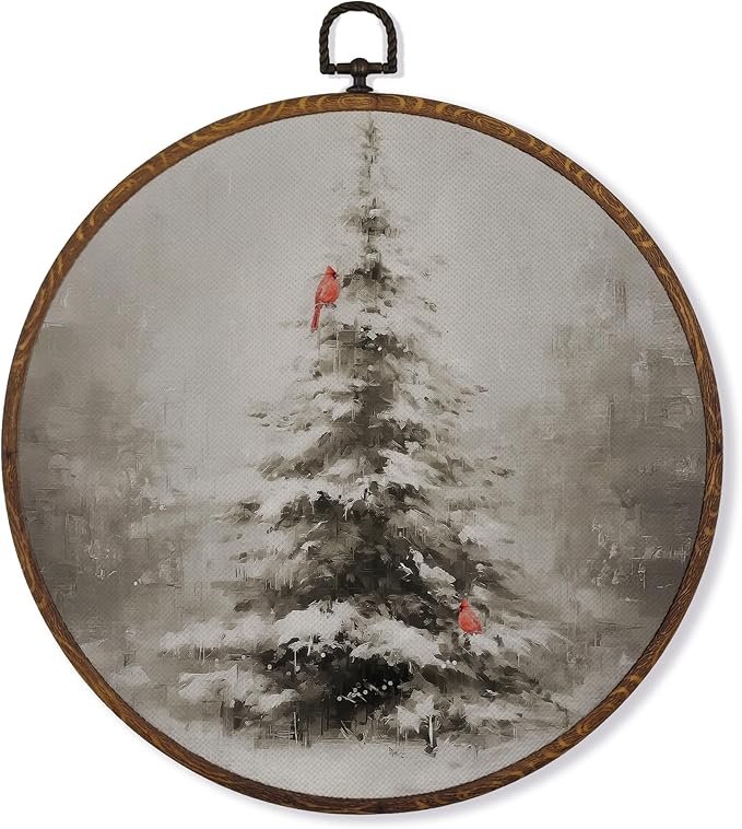 MOTERMATE Vintage Christmas Tree Cardinal Wall Art Decor Round Framed, Christmas Canvas Wall Art Artwork Prints, Rustic Farmhouse Winter Xmas Hanging Decor Decorations for Home Living Room, 10x10 Inch