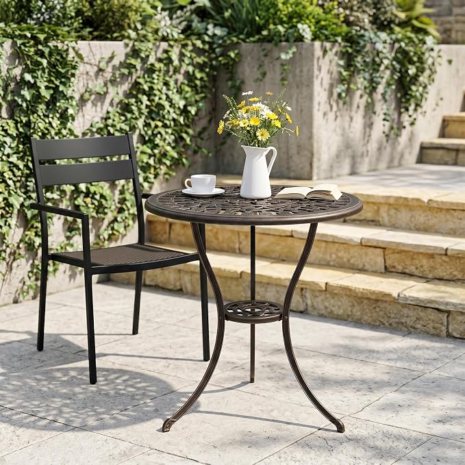 IDEALHOUSE Patio 23''Cast Aluminum Side Table with Umbrella Hole,Outdoor Small Coffee Tables,Anti-Rust Bistro Table,Round End Table,Outdoor Furniture for Indoor,Patio,Garden,Porch,Balcony(Bronze)