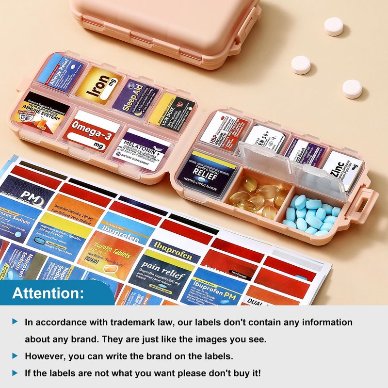 3 Pack 14 Grids Travel Pill Organizer Box with 415-Pcs Medicine Name Labels - Pocket Daily Pharmacy Case Container Kit - Travel Medication Holder Dispenser for Fish Oil Vitamin Supplement Storage