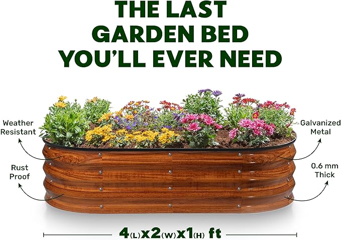 Plant & Plot Galvanized Raised Garden Beds Outdoor // 4×2×1 ft (2-Pack) Planter Raised Beds for Gardening, Vegetables, Flowers (Dark Wood Grain) // Large Metal Garden Box
