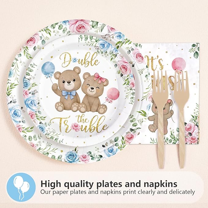 96Pcs Twin Bear Boy Girl Baby Shower Party Supplies It's Twins Pink Blue Floral Plates and Napkins Disposable Double the Trouble Tableware Set Newborn Gender Reveal Theme Party Decorations Serves 24