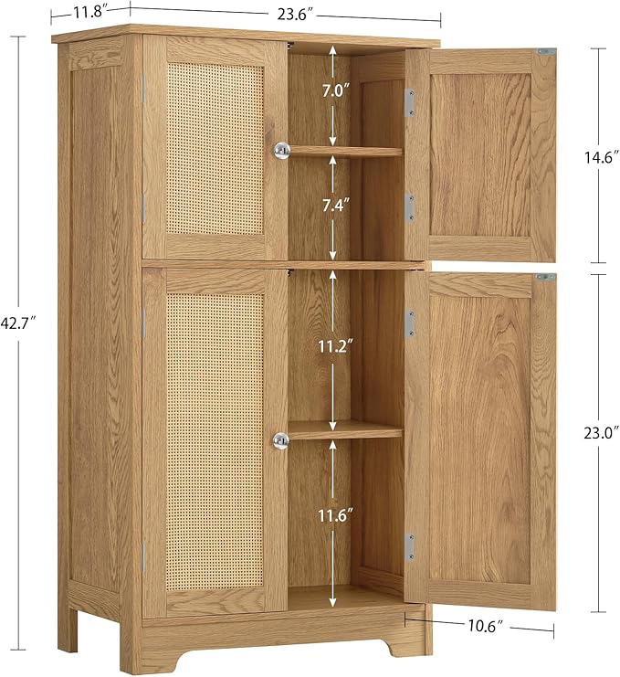 TEENFON Storage Cabinet, Rattan Cabinets with 2 Adjustable Shelves & 4 Doors, Bathroom Cabinet, Cupboard, Floor Cabinets for Living Room, Entryway, Kitchen, Home Office, Natural