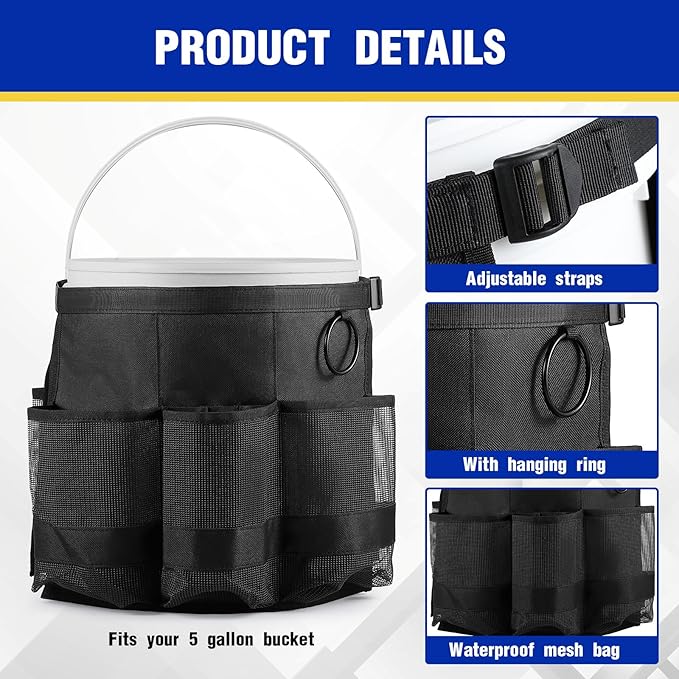 2 Pcs Bucket Organizer for 5 Gallon Car Wash Caddy Bucket Tool Bag with 6 Mesh Pockets for Cleaning Garden Fishing Tools, Bag Only