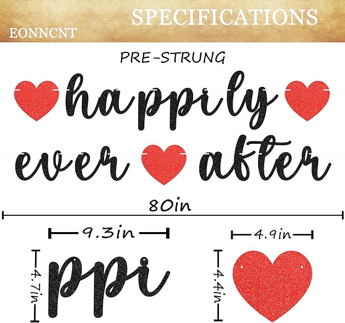 Pre-Strung Happily Ever After Banner - Black Glitter Bachelorette Bridal Engagement Party Decoration Supplies, Bachelorette Wedding Party Banner for Engagement, Bridal Shower, Wedding Party Photo Booth Props