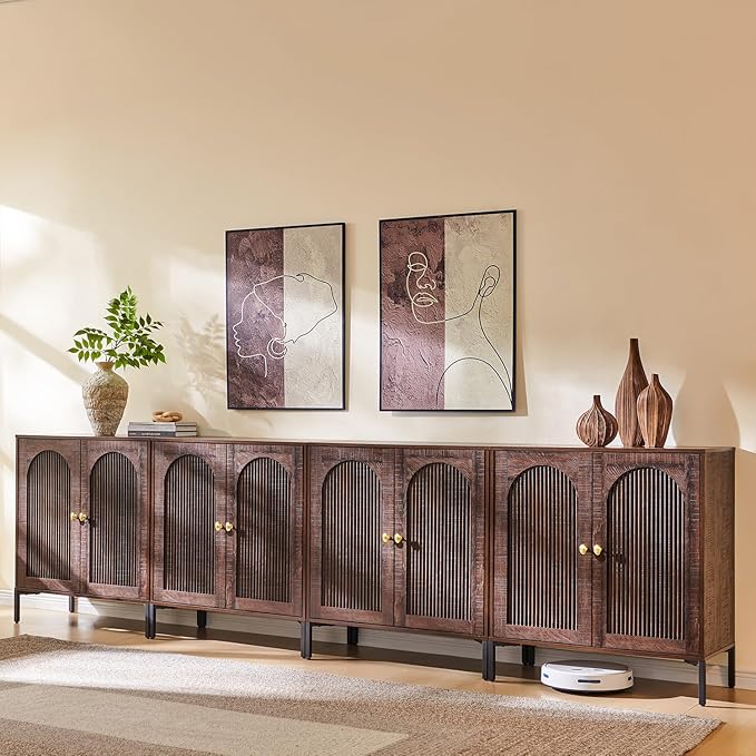 Modern Buffet Cabinet with Storage, 123.5" W Fluted Arched Sideboard Cabinet w/Adjustable Shelves, Wooden Modular Coffee Bar for Dining Room, Kitchen, Living Room, Entryway, Brown