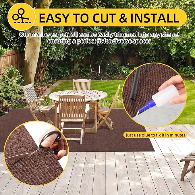 Marine Carpet,5 FT x 10 FT Brown Indoor Outdoor Carpet 0.2" Thick Boat Carpet with Water-Proof TPE Backing, Non-Slide Outdoor Marine Carpet Roll for Home, Patio, Porch, Deck