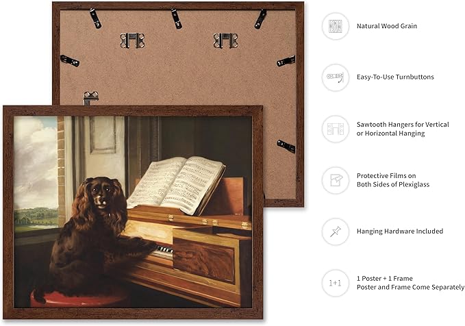 Poster Master Vintage Portrait of an Extraordinary Musical Dog Poster - Retro Dog Print - Puppy Art - Music Art - Piano Art - Animal Lover Art - Living Room or Office Decor, 16x20 Brown Framed