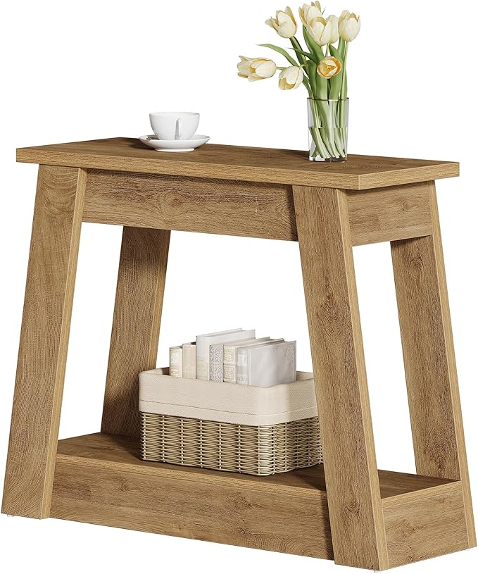 Tribesigns Wood End Table, Small Side Table with 2 Storage Shelves, Rustic Accent Narrow Nightstand for Living Room, Bedroom (1, Light Brown)