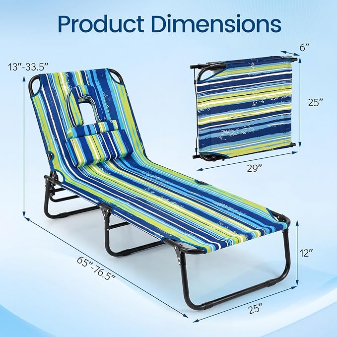 Giantex Tanning Chair, Folding Beach Chair, Adjustable Patio Lounge Chair with Face Hole, Removable Pillows, Carry Strap, Layout Chair, Set of 2 Outdoor Chaise Lounger for Poolside Yard Lawn