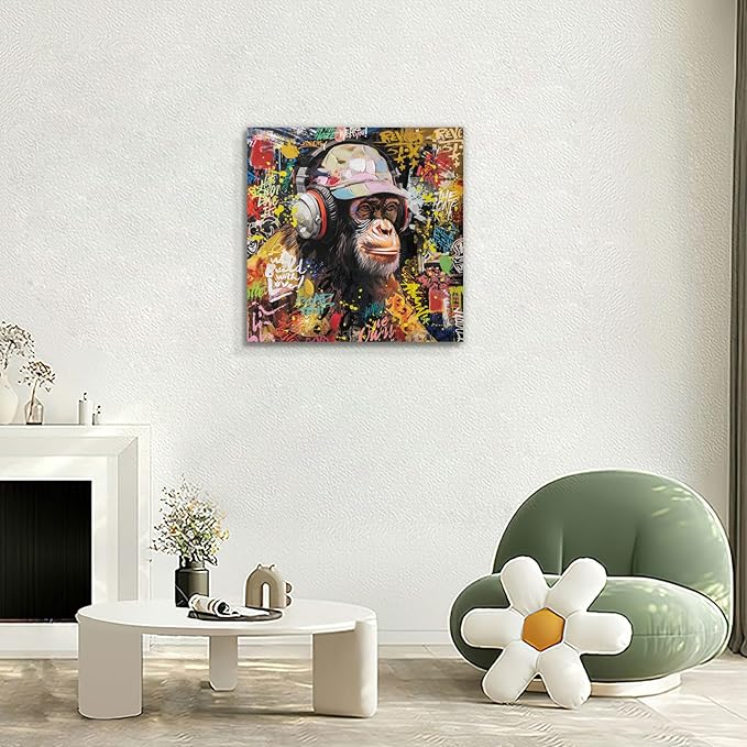 Modern Pop Art Monkey Canvas Wall Art, Street Graffiti Gorilla Canvas Painting, Abstract Banksy Listening To Music Monkey Posters Wall Art Living Kids Room Home Decoration, Ready to Hang 20 x20 IN