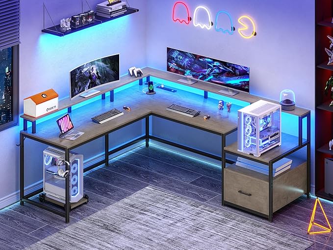 SEDETA L Shaped Desk, 66" Home Office Desk with Wood File Drawer, Power Outlet, Corner Computer Desk with Monitor Shelf, Printer Storage Shelves, Gaming Desk with Led Lights, Two Person Desk, Walnut