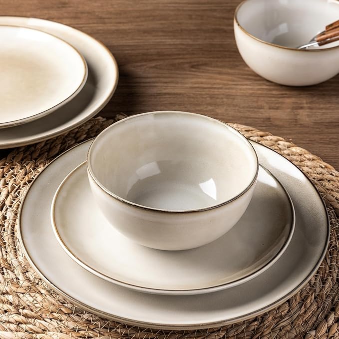 AmorArc Ceramic Dinnerware Sets for 4, 12 Pieces Handpainted Stoneware Plates and Bowls Set, Scratch Resistant Dishes Set, Dishwasher & Microwave Safe, Cappuccino